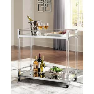 Chaseton Silver/Mirror 32.75 in. Height Bar Cart with 2-Mirrored Shelves and Locking Casters