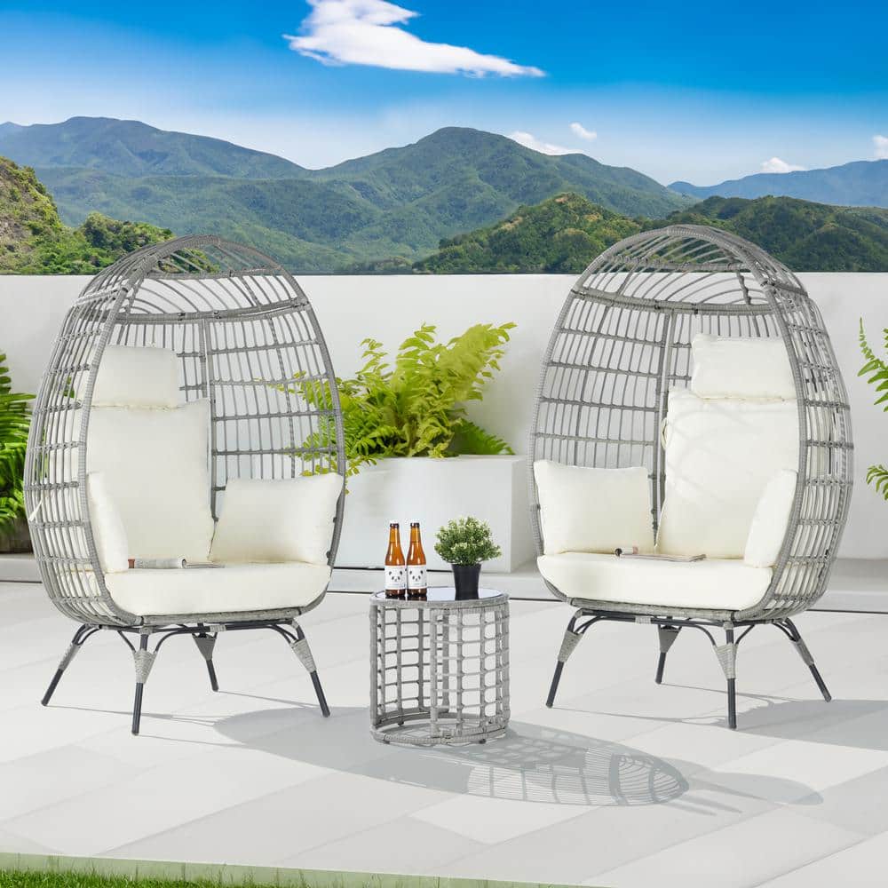 3-Piece Patio Wicker Egg Chair Outdoor Bistro Set with Side Table, with Bei