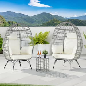 3-Piece Patio Wicker Egg Chair Outdoor Bistro Set with Side Table, with Beige Cushion