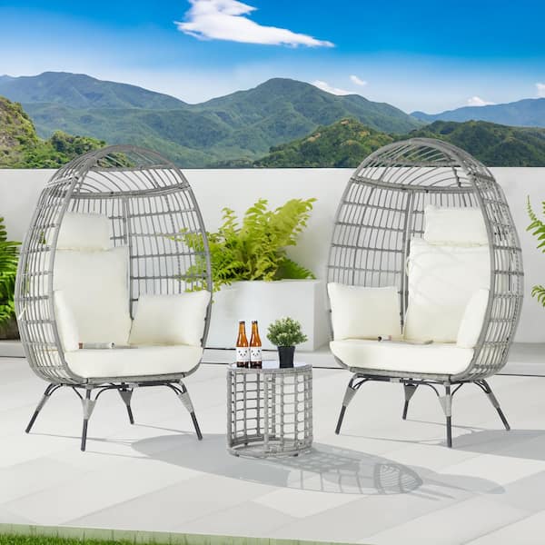 SANSTAR 3-Piece Patio Wicker Egg Chair Outdoor Bistro Set with Side Table, with Beige Cushion