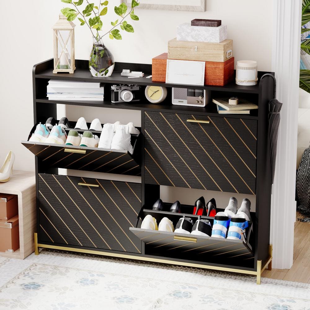 Magic Home 45.6 in. W x 38.9 in. H Black Sleek and Contemporary Shoe Storage Cabinet with 4 Flip Doors for Entryway Hallway