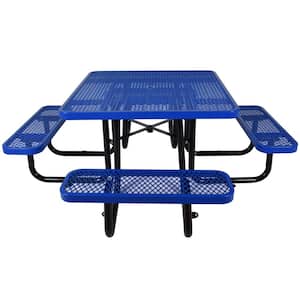 83 in. Blue Square Steel Picnic Table Seats 8 People with Umbrella Hole and 4 Benches