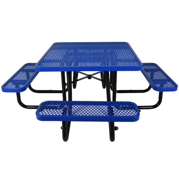 Cascia 83 in. Blue Square Steel Picnic Table Seats 8 People with Umbrella Hole and 4 Benches