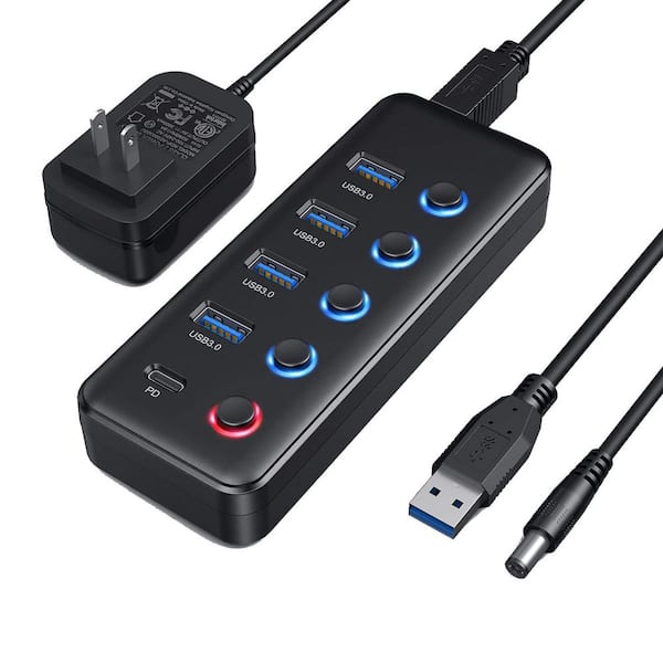 Lukyamzn 5-Port USB 3.0 Hub Splitter with Type-C Charging Ports Individual LED On/Off Switches for Mac PC Powered Adapter