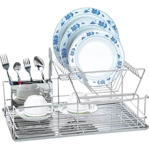 Detachable 2-Tier Dish Drying Rack, Stainless Steel Dish Rack with Drainboard Cutlery Holder, Kitchen Dish Organizer