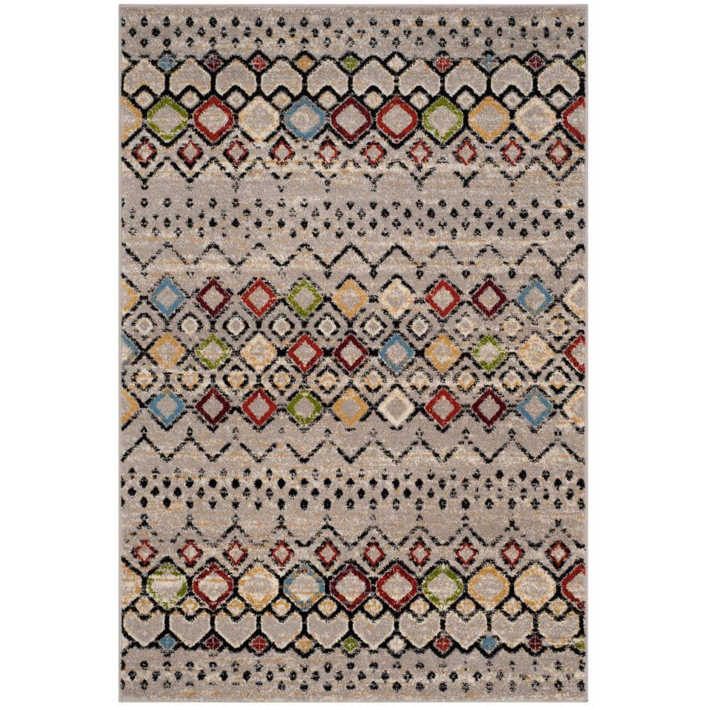 Light Grey and Multicolor Geometric 4' x 6' Synthetic Area Rug