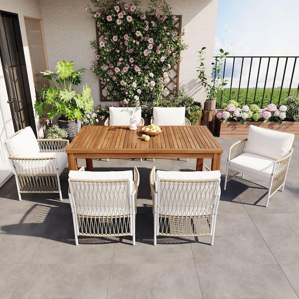 Natural 7-Pieces PE Wicker Acacia Wood Rectangular Bar Height Outdoor Dining Set with Beige Cushions
