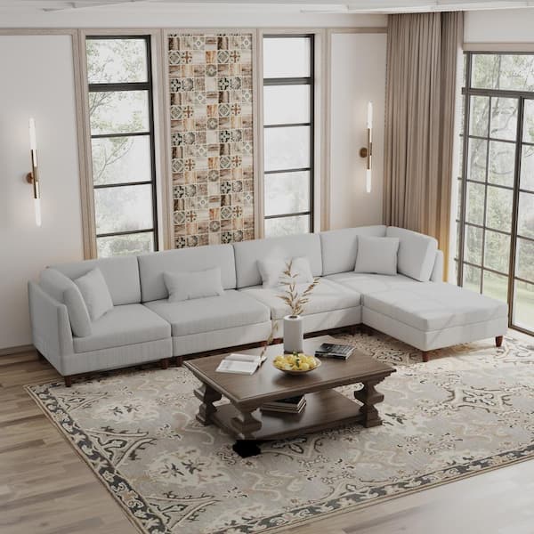 120.5 in. Straight Arm 5-Piece Corduroy Upholstered Modular Free Combination Sectional Sofa in Sea Salt Gray w/ Ottoman