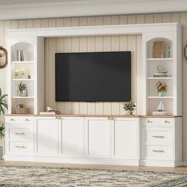 White Media Console Entertainment Center Fits TVs up to 70 in with Shelves, 2 Drawers, 4 Cabinets