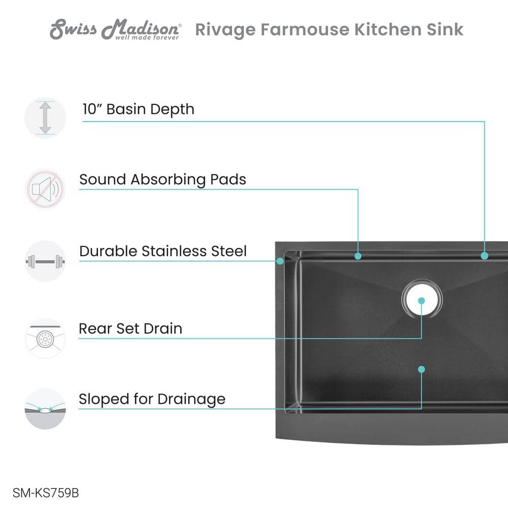 Rivage 30" Black Stainless Steel Farmhouse Kitchen Sink