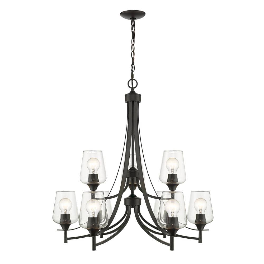 Matte Black 31-Inch 9-Light Metal Chandelier with Glass Shades