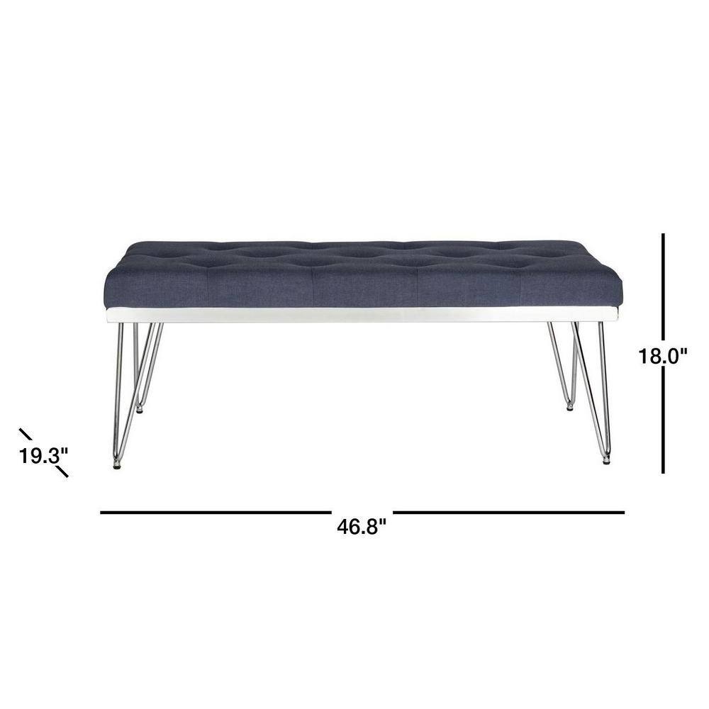 Navy Linen Upholstered Bench with Chrome Hairpin Legs
