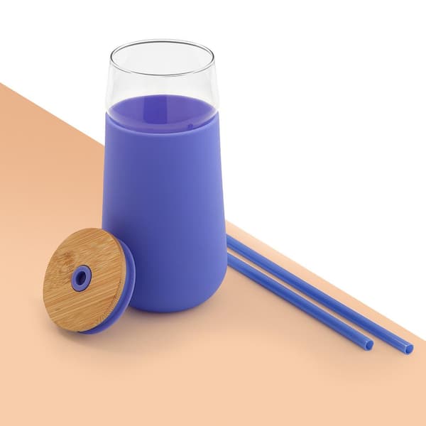 JoyJolt Glass Tumbler with 1 Straws & Non Slip Silicone Sleeve - 20 oz - Purple
