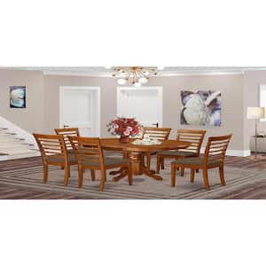 7-Piece Oval Saddle Brown Finish Solid Wood Top Dining Table with 6-Chairs with Lattice Back