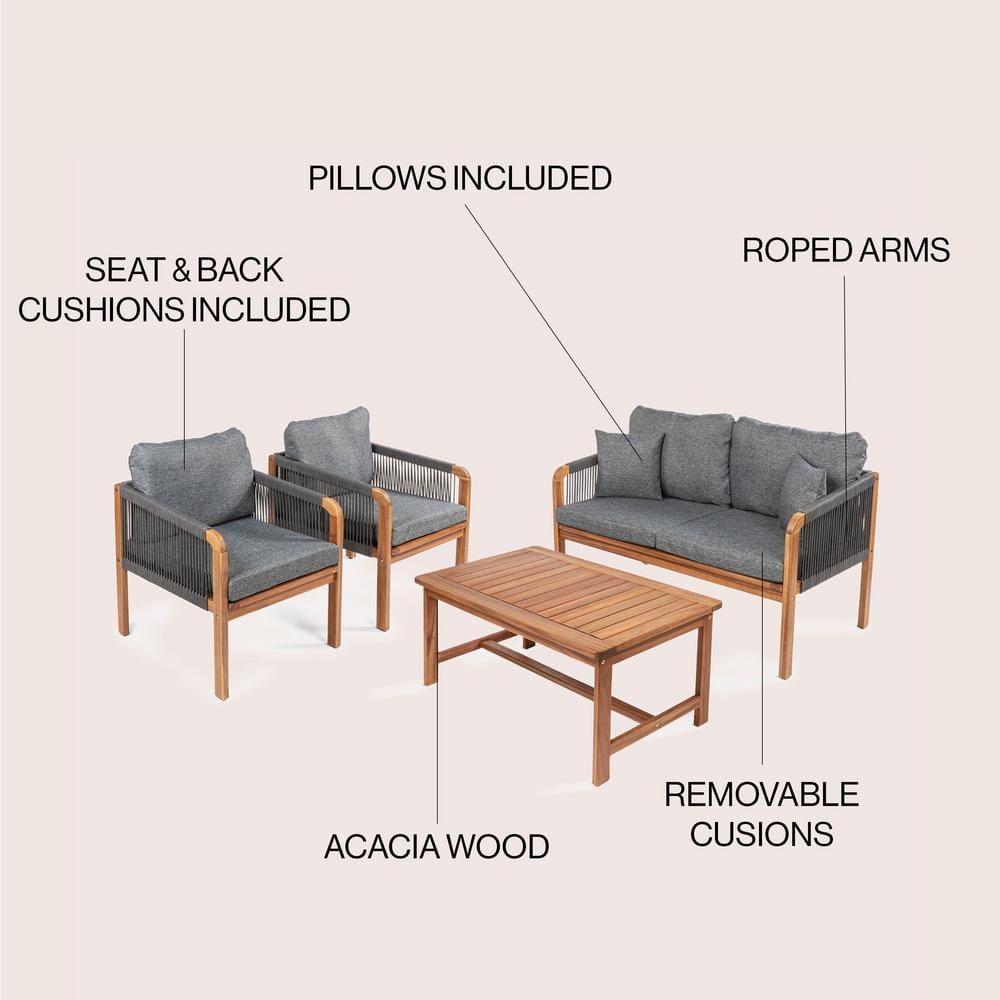 Tavira 4-Piece Gray Acacia Wood Outdoor Patio Set