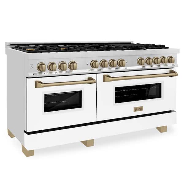 ZLINE Kitchen and Bath Autograph Edition 60 in. 9 Burner Double Oven Dual Fuel Range in Stainless Steel, White Matte and Champagne Bronze