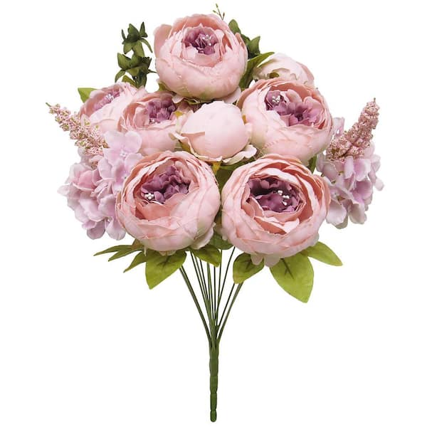 19 in. Pink Mauve Artificial Mixed Peony Hydrangea Flower Stem Bush Bouquet