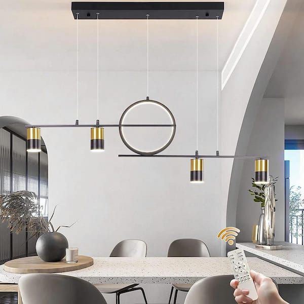 40-Watt 5 Light Black Linear Dimmable Integrated LED Pendant Light with Gold Shade for Kitchen Island and Dining Room