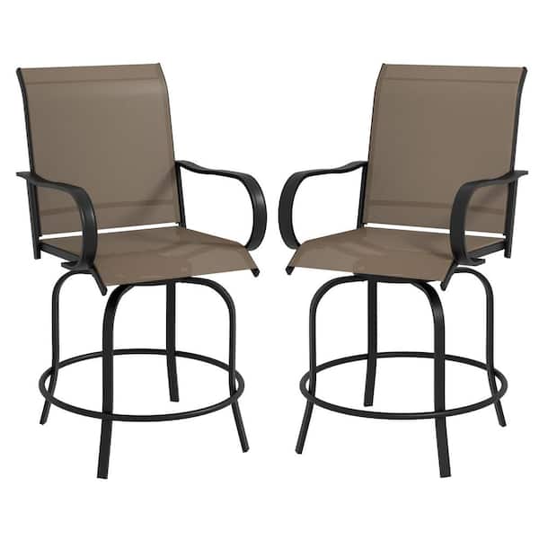 Otryad Swivel Metal Outdoor Bar Stools, Patio Chais with Armrests and High-Density Mesh Fabric in Brown (2-Pack)