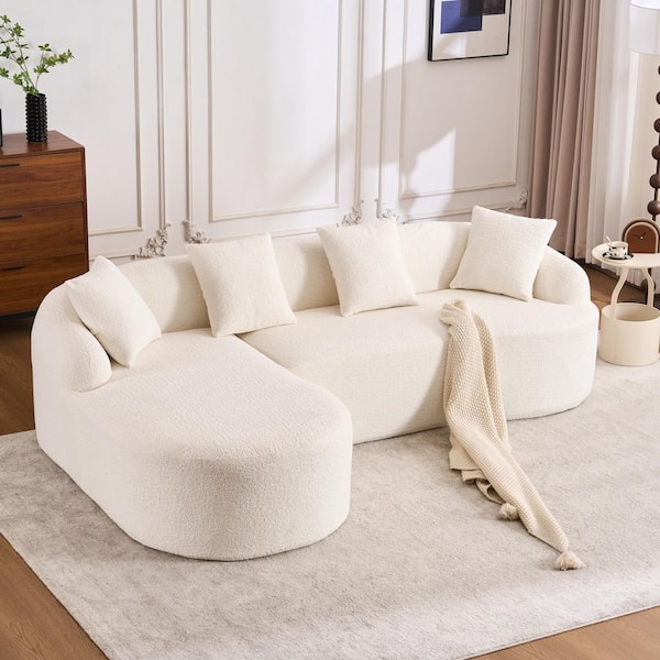 Eugenia 98.8 in. Round Arm Chenille Upholstery L-Shaped Compression Sofa in White with Curved Chaise