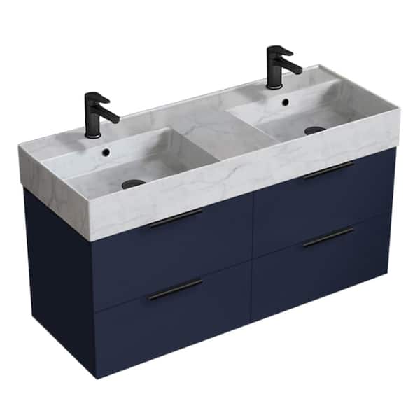 Nameeks Derin 47.64 in. W x 18.11 in. D x 25.2 in. H Modern Wall Mounted Bathroom Vanity in Night Blue with White Ceramic Top