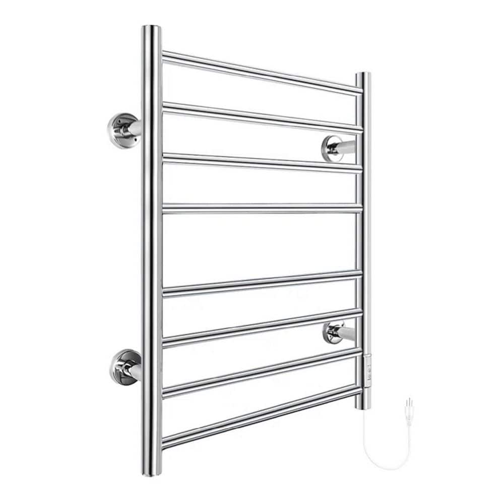 Large 80W 8-Bar Design Stainless Steel Screw-In Towel Warmer Rack in Silver