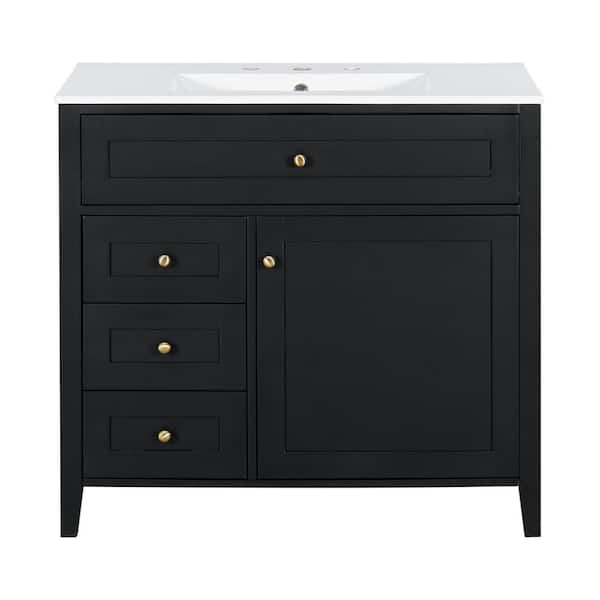 36 in. Black Wood Rectangle Vessel Sink Bathroom Vanity Combo with 3 Drawers and Adjustable Shelf