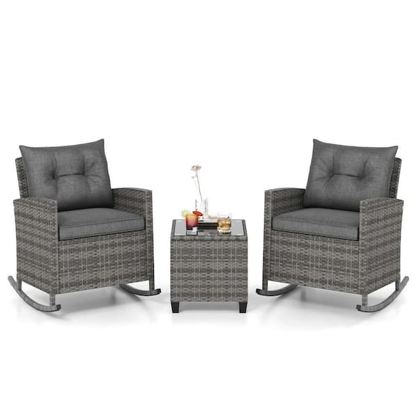 3-Piece Wicker Patio Conversation Set with Tempered Glass Table & Rocking Soft Cushions Gray Cushions
