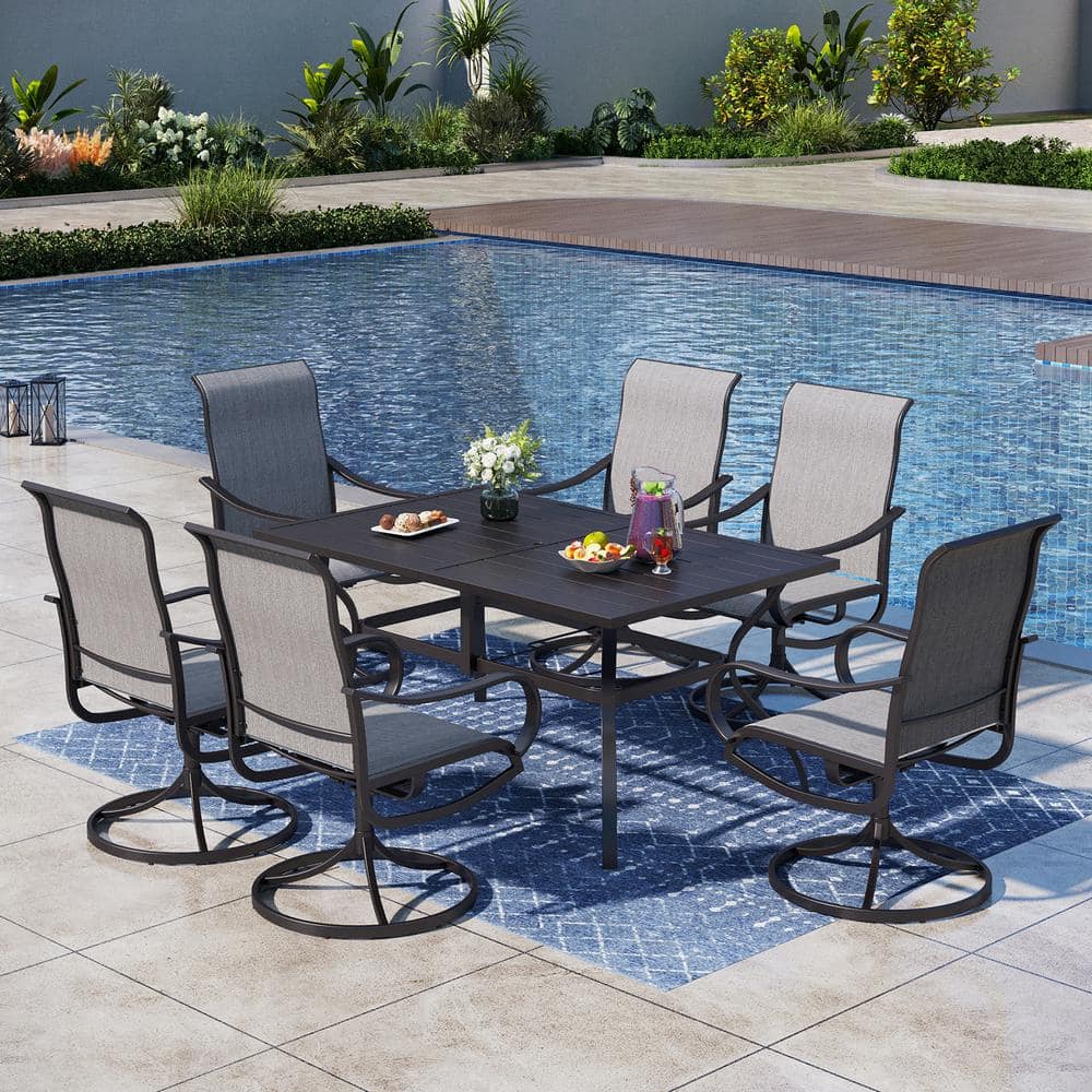 PHI VILLA Black 7-Piece Metal Rectangle Patio Outdoor Dining