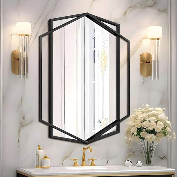 26 in. W x 36 in. H Modern Rectangular Polygonal Black Metal Frame Art Decorative Mirror Vanity Mirror Wall Mirror