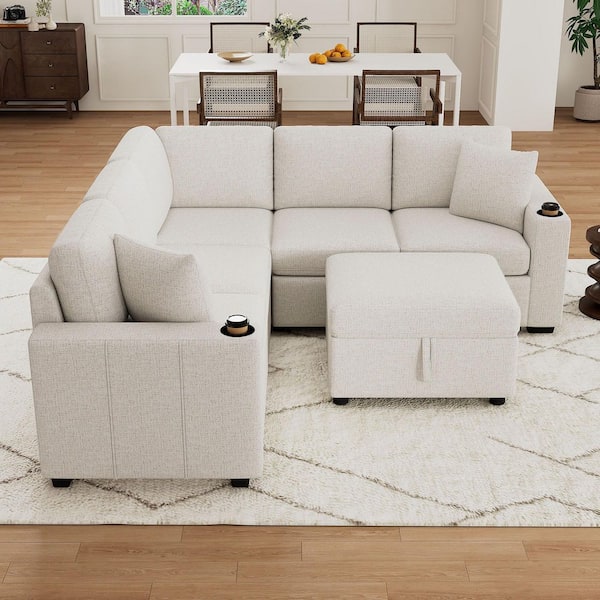 84.7 in. Convertible Chenille Modular Pull-out Sectional Sofa Bed in Beige with Ottoman, Cup Holders, USB Ports