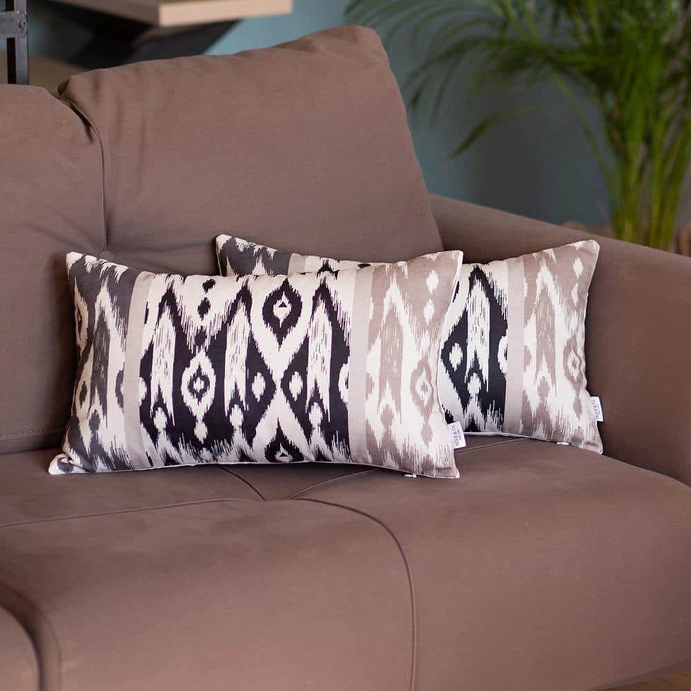 Beige and Black Ikat Reversible Lumbar Pillow Covers Set