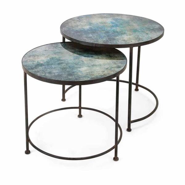 IMAX Paxton Black Metal and Printed Glass Tables (Set of 2)