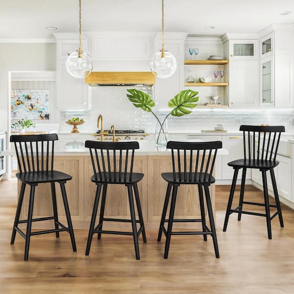 Windsor 24 in. Black Solid Wooden Bar Stool for Kitchen Island Counter Height Stool with Spindle Back Set of 4
