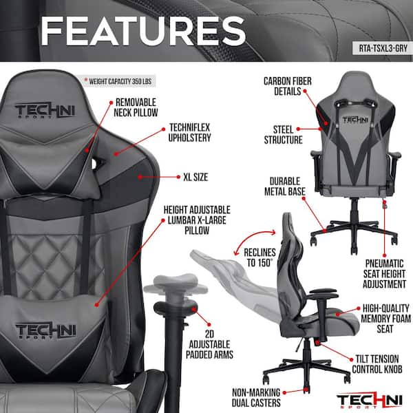 Techni Sport XL Ergonomic Gaming Chair , Grey RTA-TSXL3-GRY - The