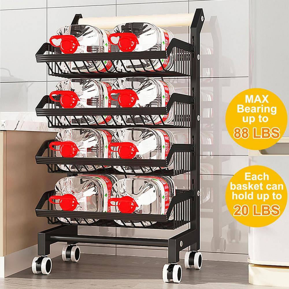 Black Metal and Wood 5-Tier Rolling Kitchen Cart with Mesh Baskets