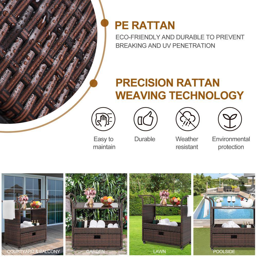 Multi-Brown Wicker and Iron Indoor Bar Cart with Storage