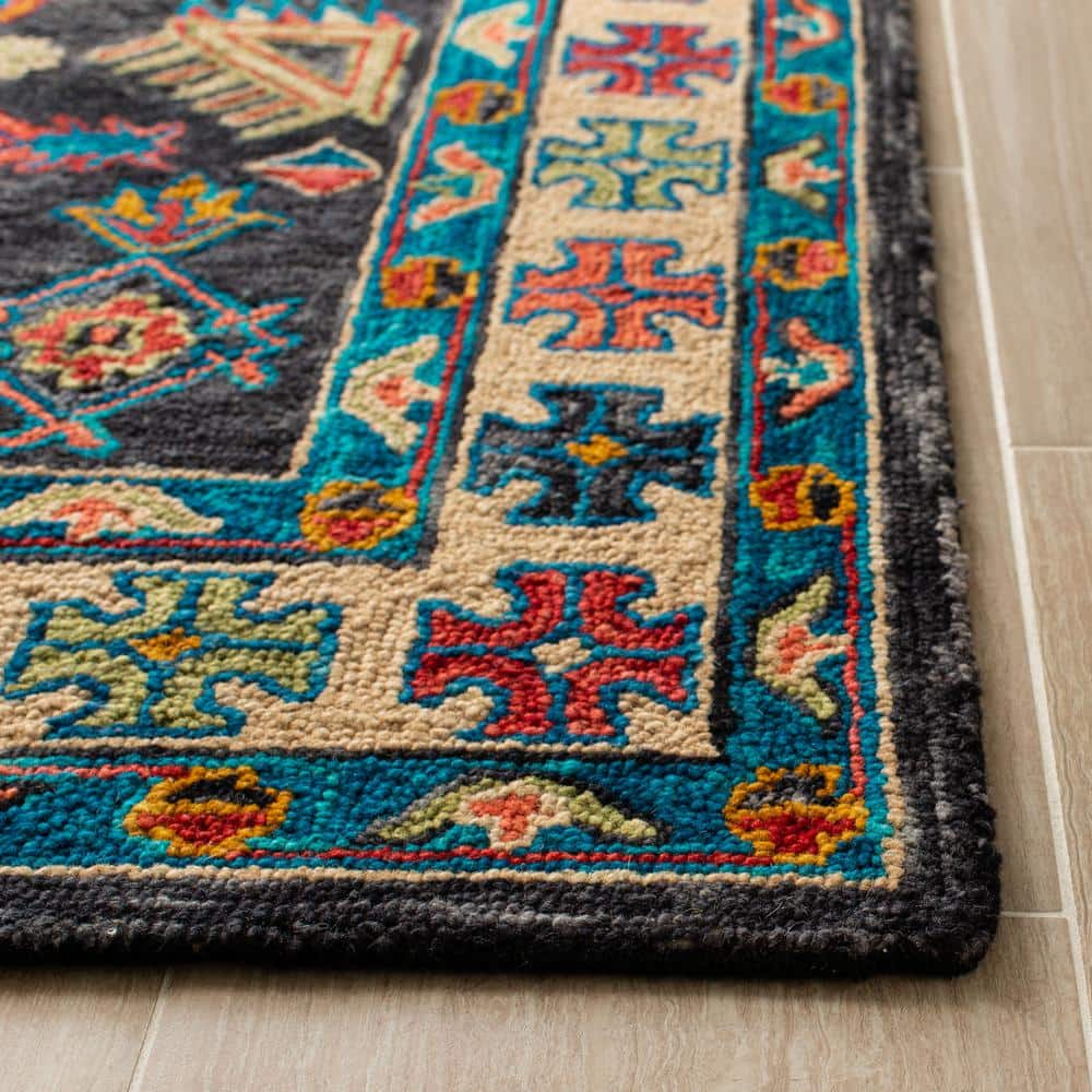 Aspen Charcoal and Blue Handmade Wool Floral Area Rug