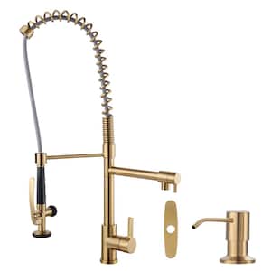 Commercial High-Arc Single Handle Pull Down Sprayer Kitchen Faucet with Soap Dispenser in Gold