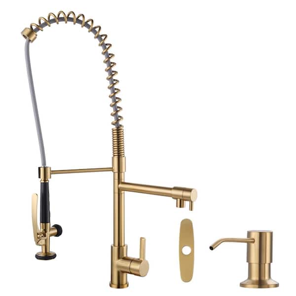 ARCORA Commercial High-Arc Single Handle Pull Down Sprayer Kitchen Faucet with Soap Dispenser in Gold
