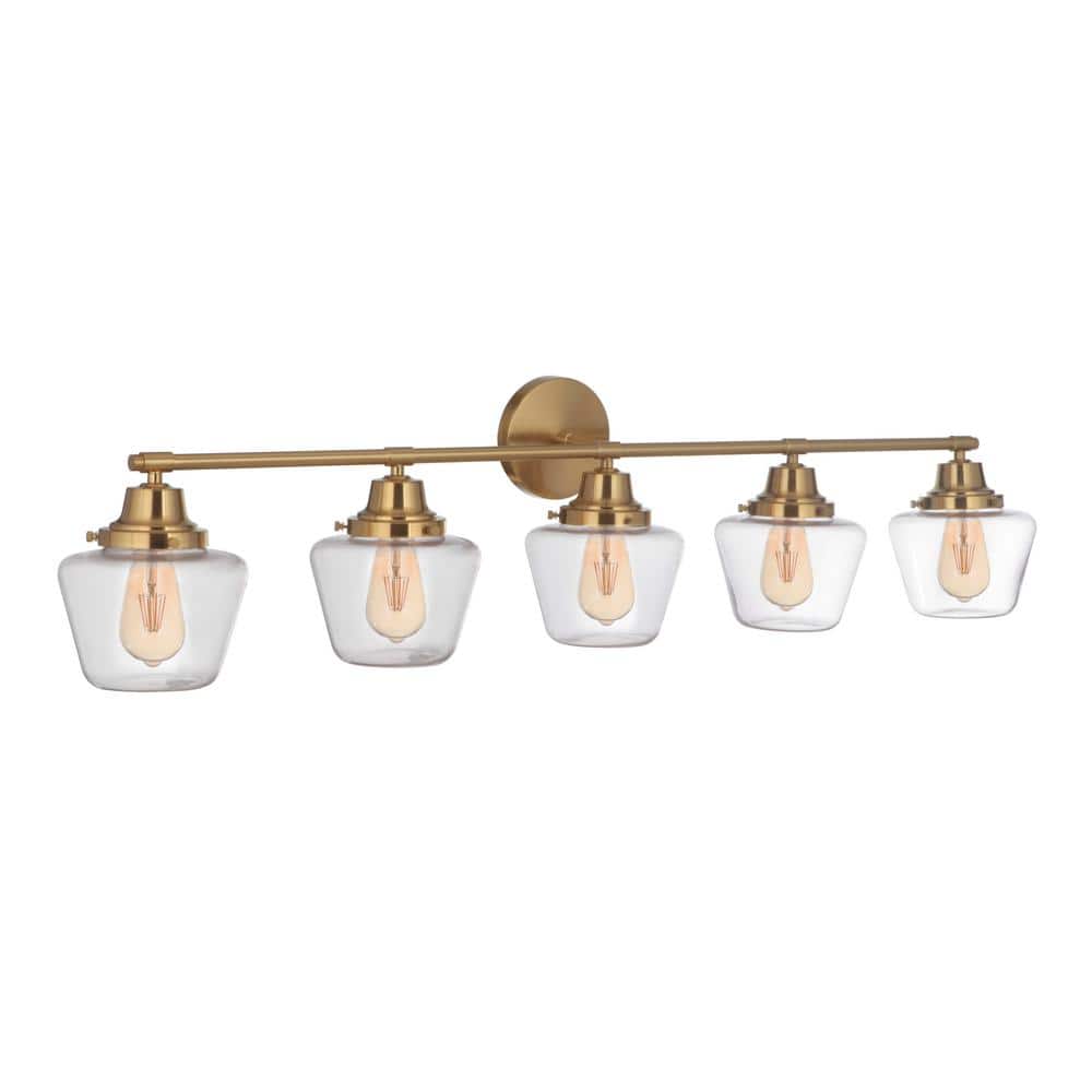 Essex 48'' Satin Brass 5-Light Vanity with Clear Glass Shades