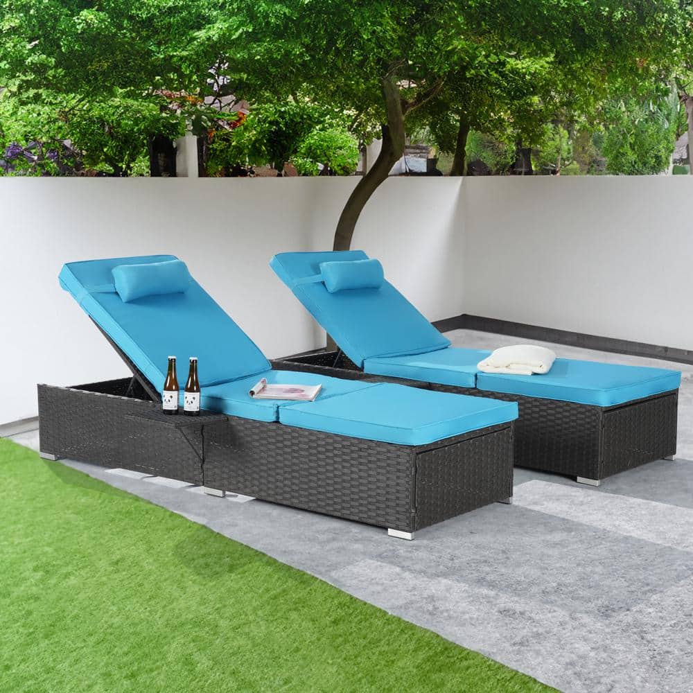 2-Piece Patio Outdoor Chaise Lounge Chairs, Brown Rattan Reclining Chair Po
