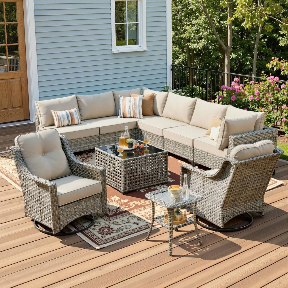 Reno 10-Piece Wicker All-Weather Outdoor Patio Sectional Furniture Set with Swivel Chairs and Beige Cushions price history on PriceWatchPro