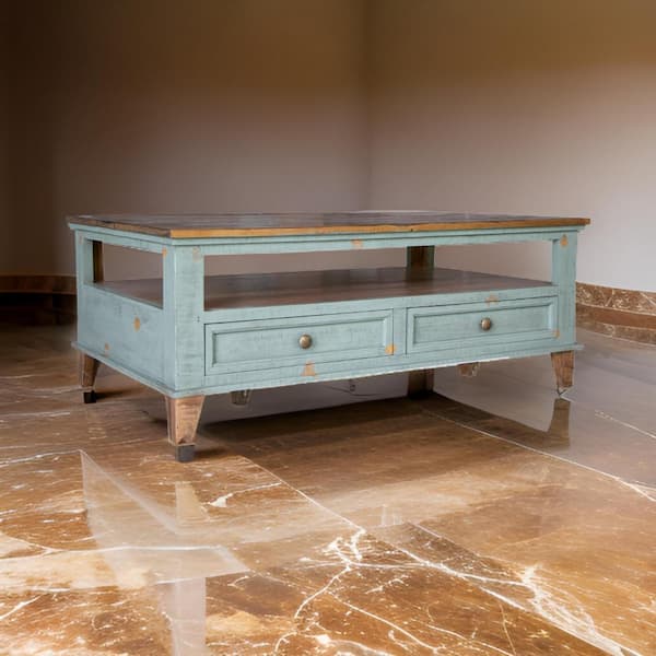 Benjara Rozy 30.25 in. Blue and Brown Rectangle Wood Coffee Table with 4-Drawers and Hand Finished