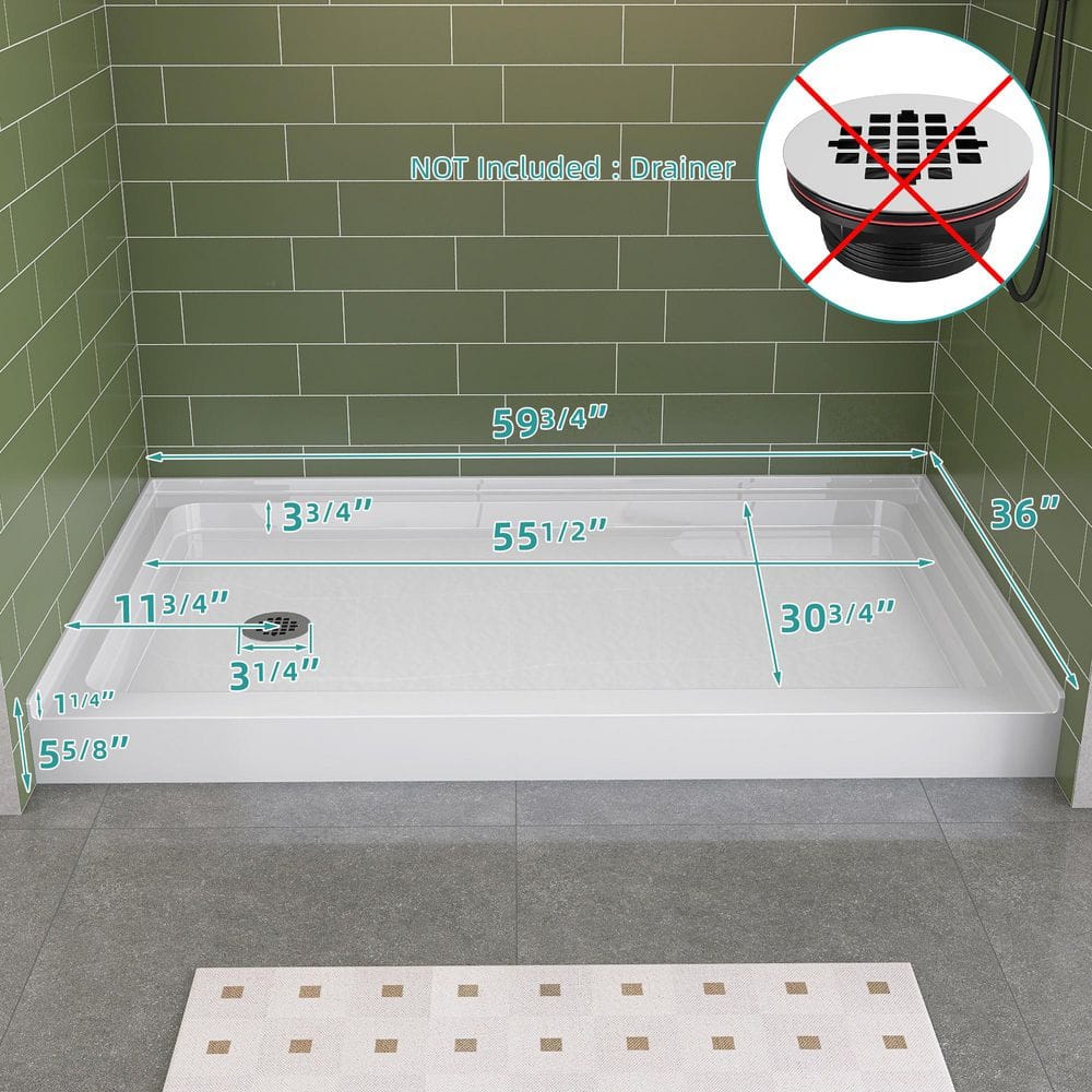 Glossy White Rectangular Acrylic Alcove Shower Base with Left Drain