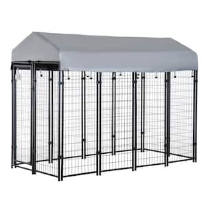 Black Steel 8 ft.  x 4 ft.  x 6 ft.  0.0007 -Acre In-Ground Dog Fence Dog Kennel Outdoor Steel Fence with Canopy