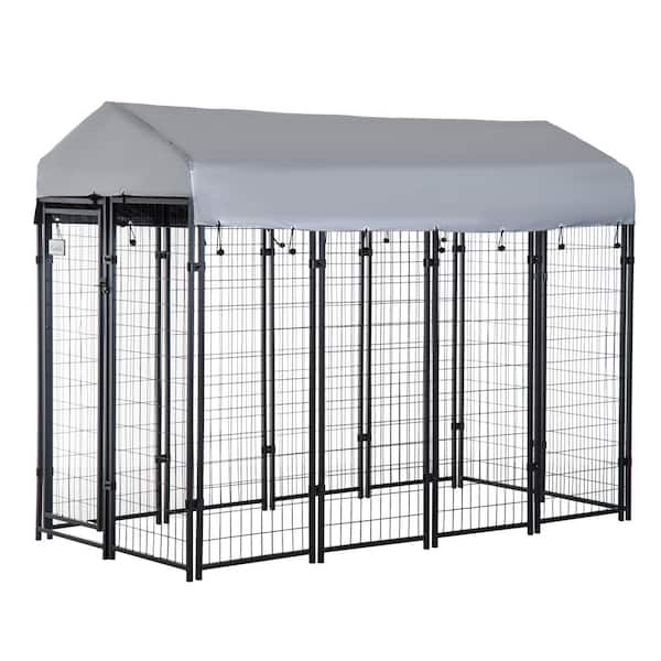PawHut Black Steel 8 ft.  x 4 ft.  x 6 ft.  0.0007 -Acre In-Ground Dog Fence Dog Kennel Outdoor Steel Fence with Canopy