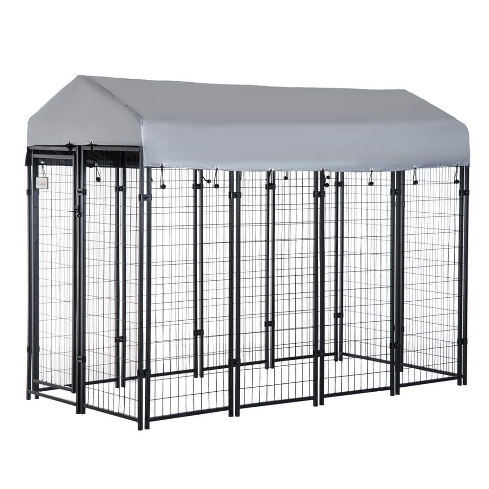 Pawhut Black Steel 8 Ft. X 4 Ft. X 6 Ft. 0.0007 -Acre In-Ground Dog Fence Dog  Kennel Outdoor Steel Fence With Canopy D02-012 - The Home Depot