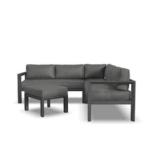 Grayton Black Aluminum Outdoor Sectional with Ottoman and Gray Cushions