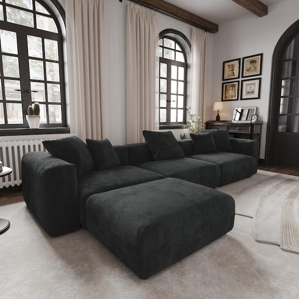 141.72 in. Square Arm Corduroy Velvet 4-Pieces Modular Free Combination Sectional Sofa with Ottoman in Black